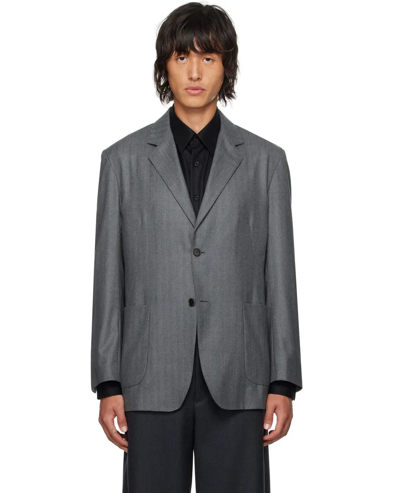 AURALEE Gray Wool Fulling Flannel Stripe Blazer Top