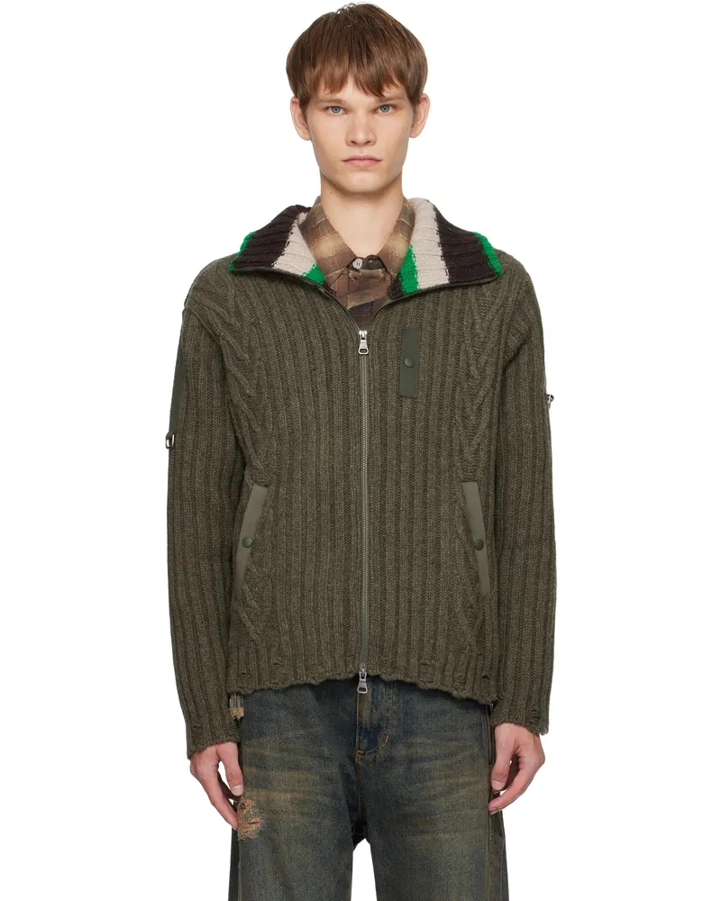 Andersson Bell Khaki Stripe High-Neck Zip-Up Sweater Grn