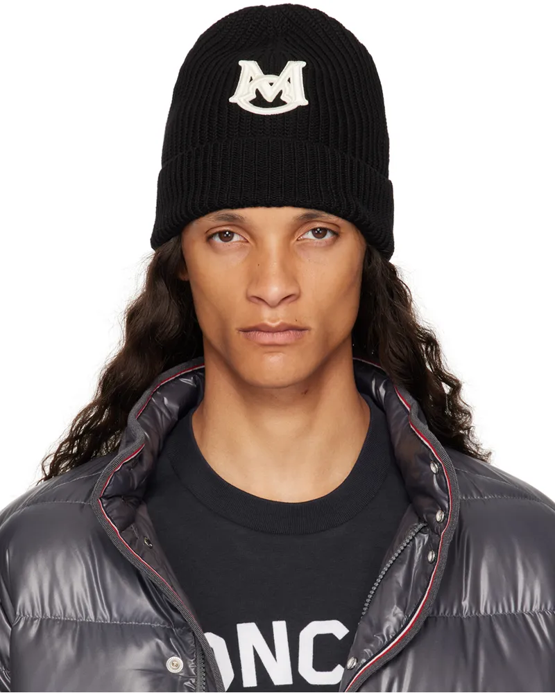 Moncler Black Embroidered Monogram Beanie 999