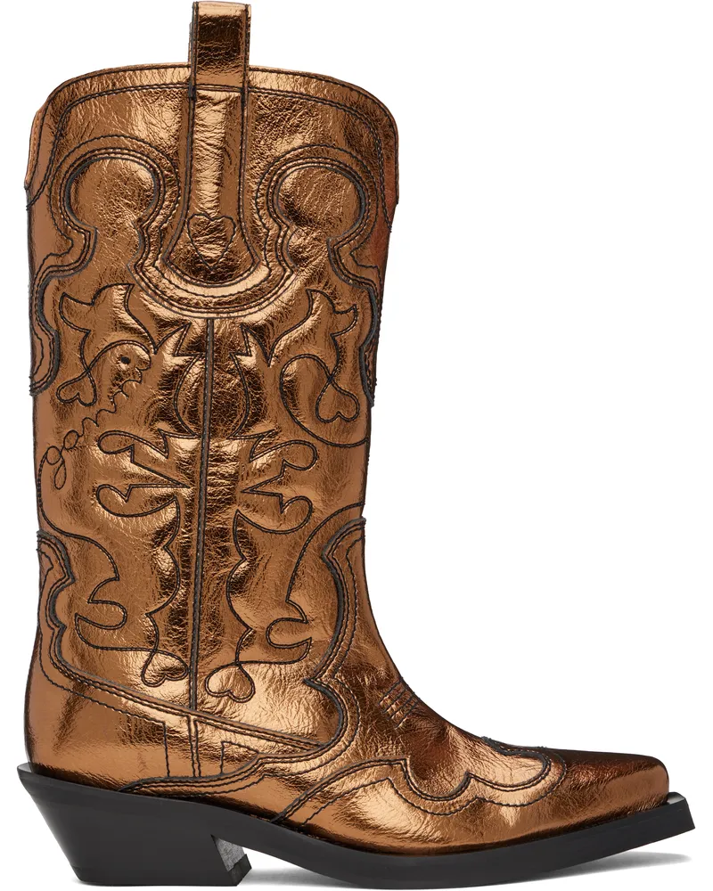 Ganni Gold Mid Shaft Embroidered Western Boots 046