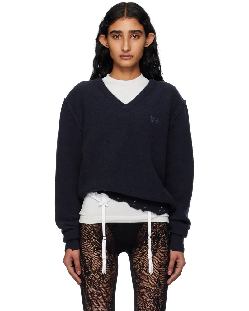 Balenciaga Navy Laurel Classic Inside-Out V-Neck Sweater 8065