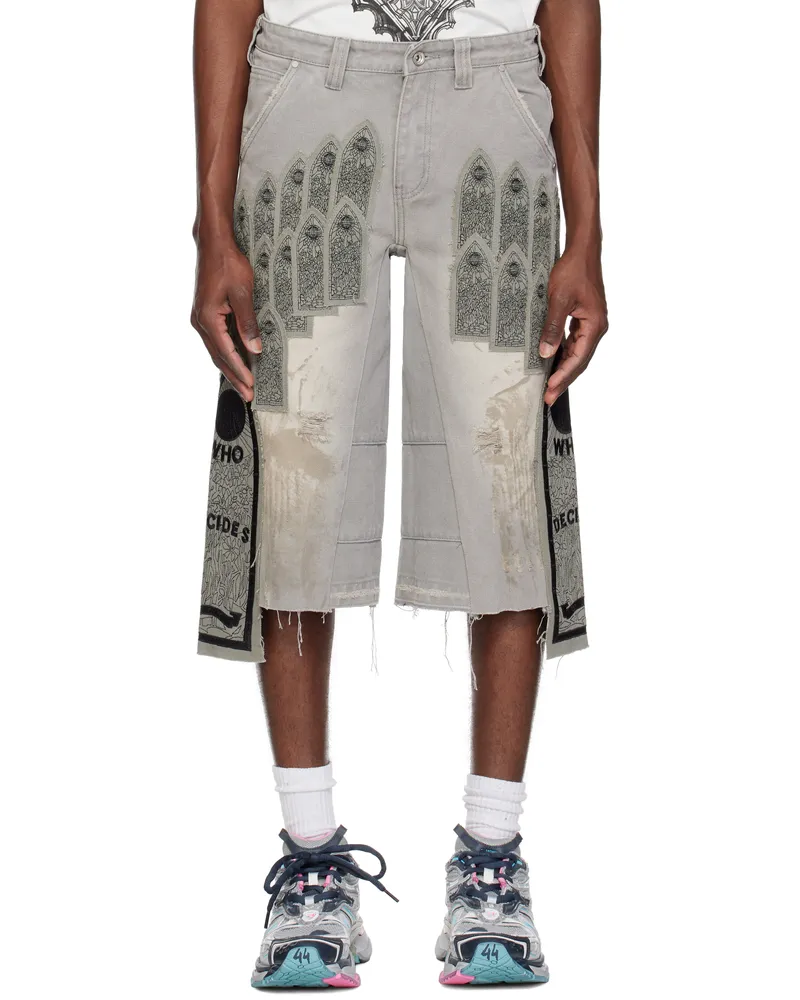 WHO DECIDES WAR Gray Patch Arched Carpenter Shorts Vintage