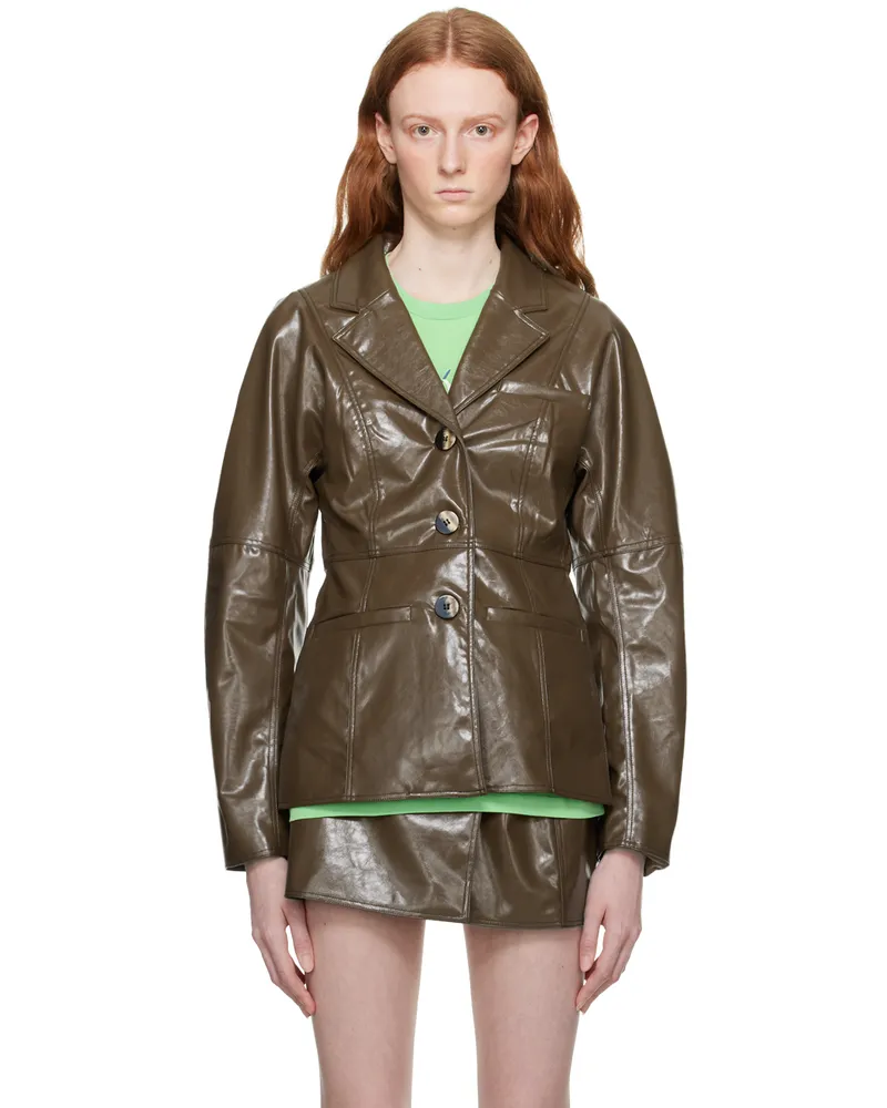 Ganni Brown Patent Faux-Leather Blazer 377