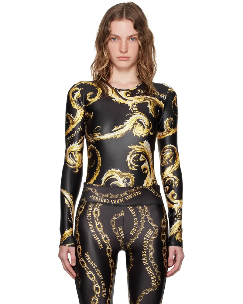 Versace Jeans Black & Gold Chromo Couture Bodysuit Eg89