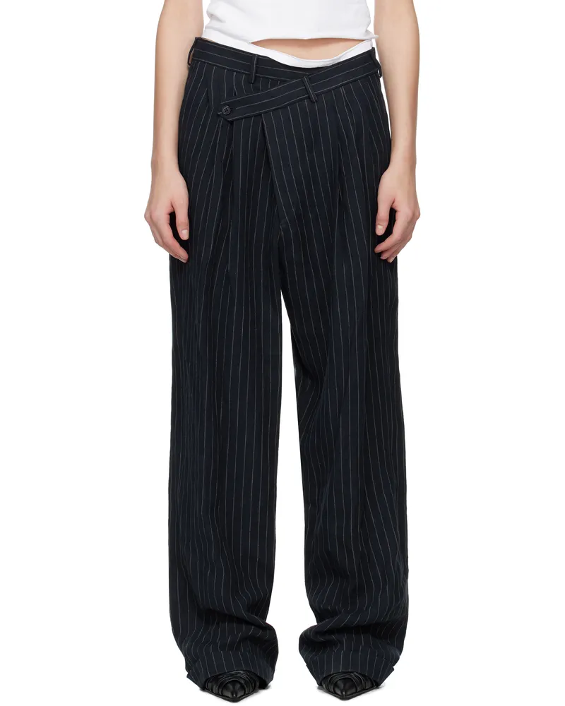 R13 Navy Triple Pleat Crossover Trousers Dark