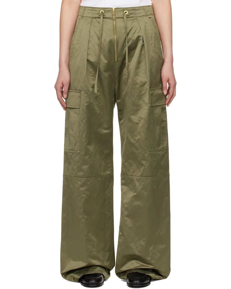 AMI Paris Khaki Cotton Satin Zipped Cargo Trousers Loden