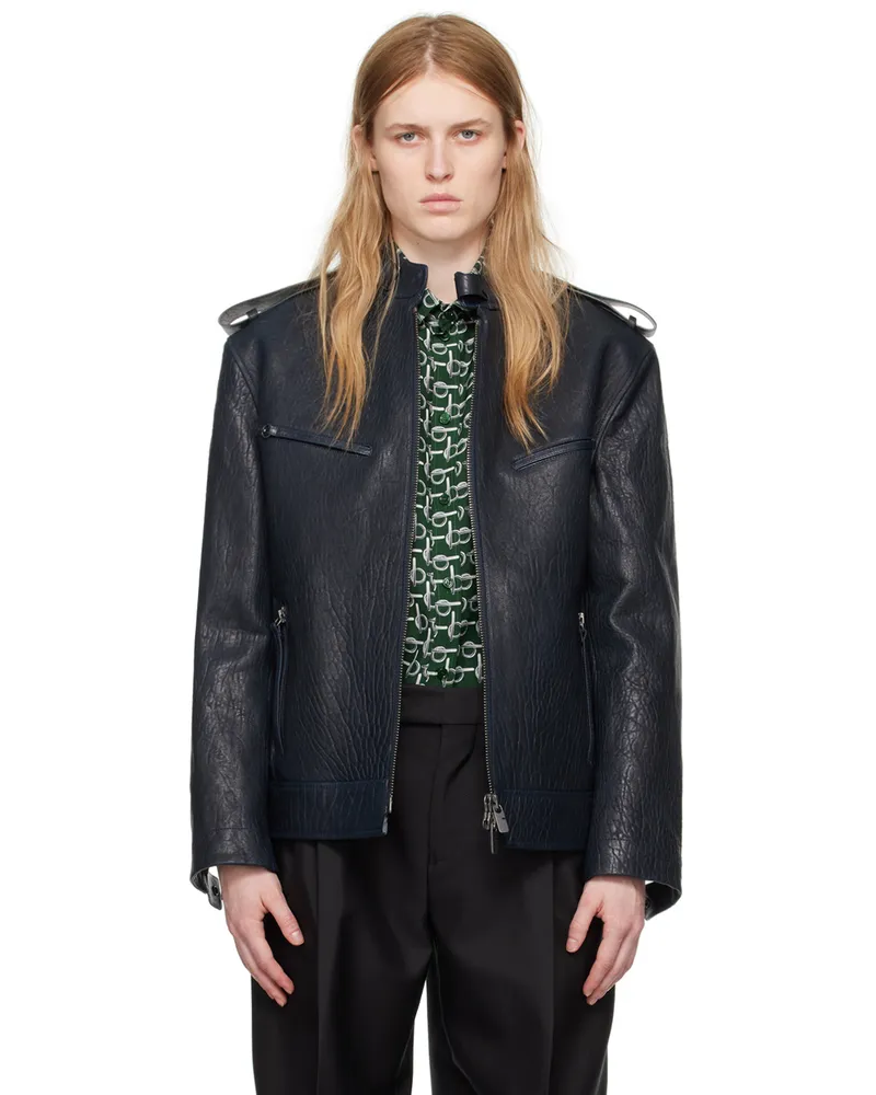 Burberry Navy Zip Leather Jacket Blue