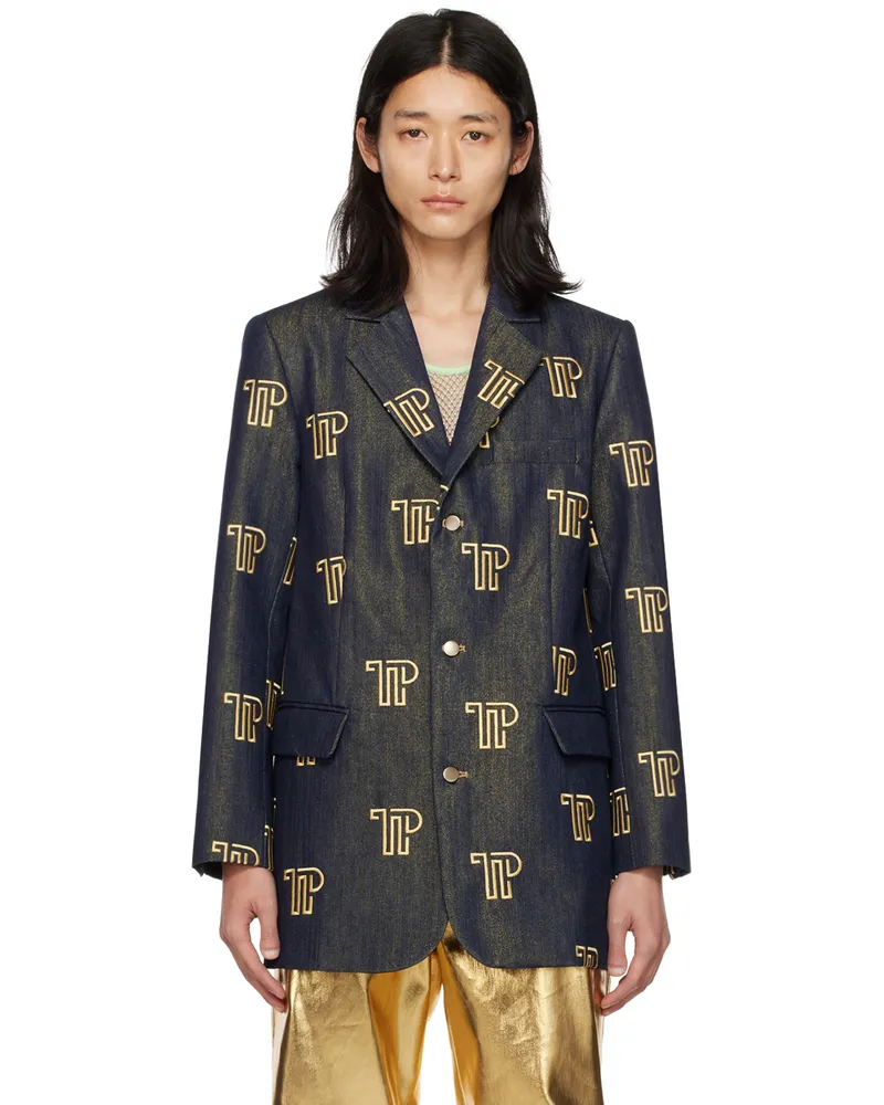 Theophilio SSENSE Exclusive Blue Denim Blazer Gold