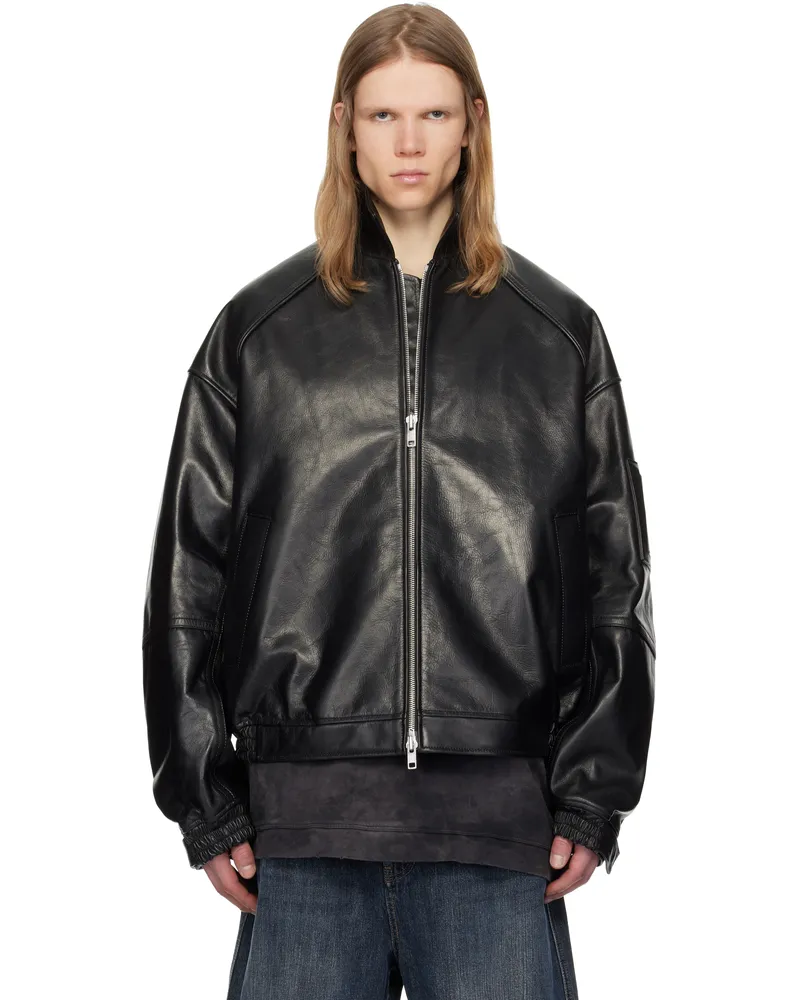 JUUN.J Black Stand Collar Leather Aviator Jacket Black