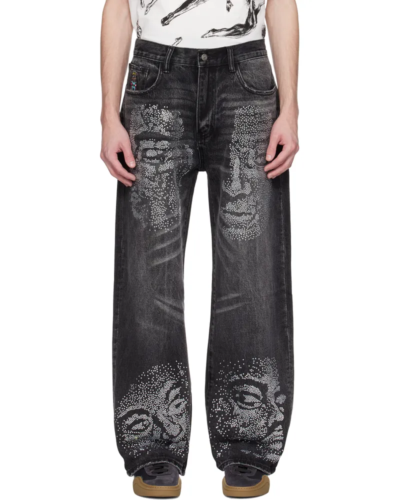 KidSuper Black Rhinestone Face Jeans Black