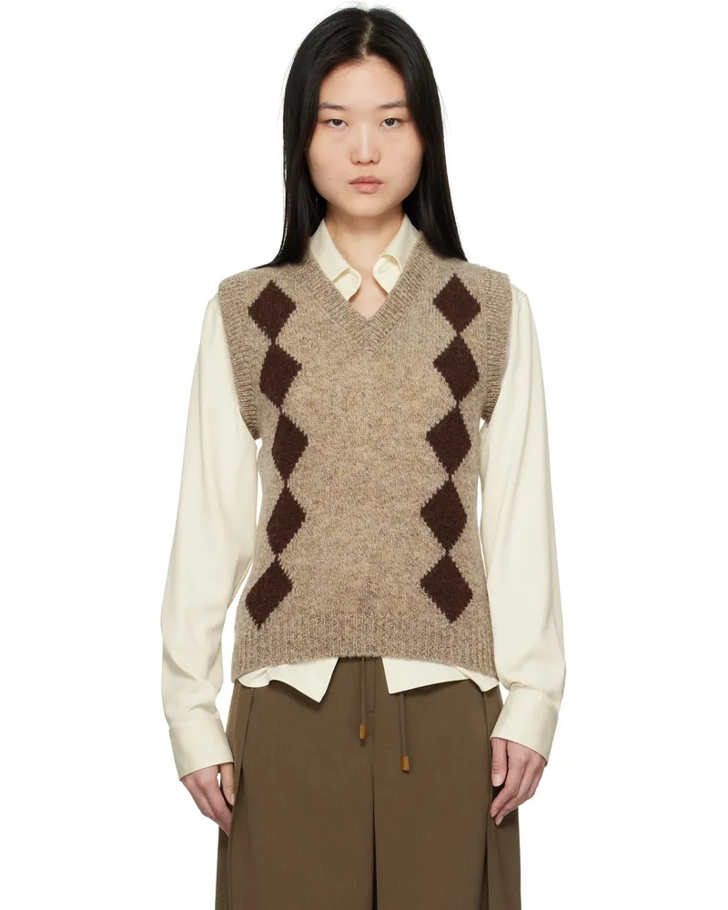 &Daughter Beige & Brown Shetland Argyle Vest Mushroom