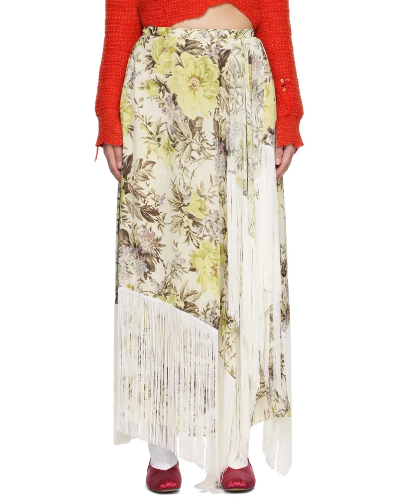 Acne Studios Beige Flower Print Fringe Maxi Skirt Beige