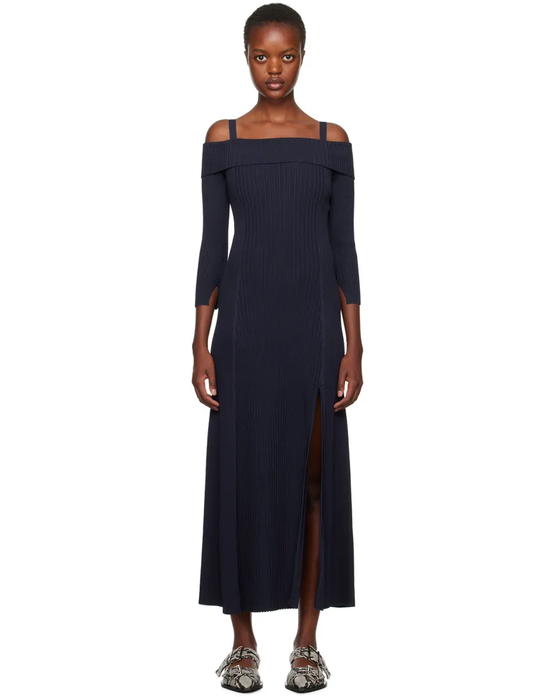 Ganni Navy Off-The-Shoulder Maxi Dress 683