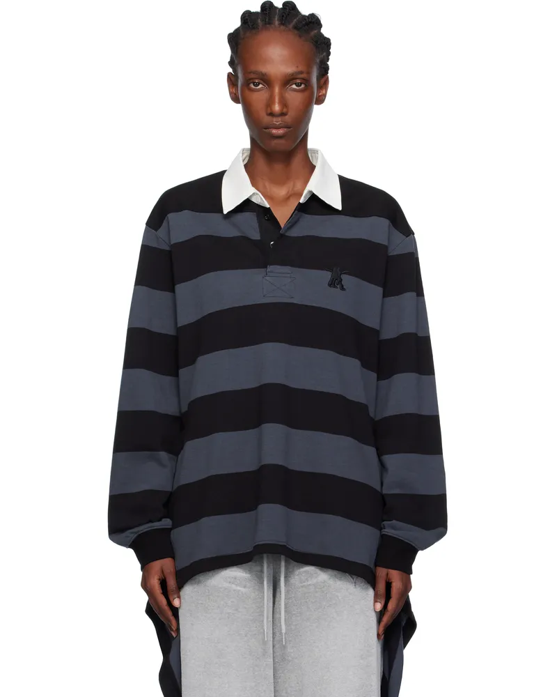 OPEN YY Navy Stripe Trim Rugby Polo Charcoal