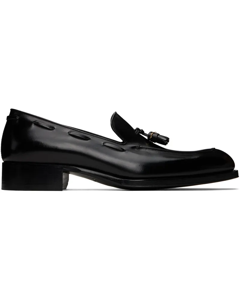 Tom Ford Black Burnished Leather Edgar Tassel Loafers Black