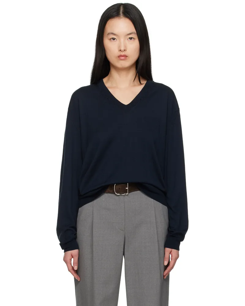AURALEE Navy Product Dyed Wool Knit V-Neck Sweater Navy