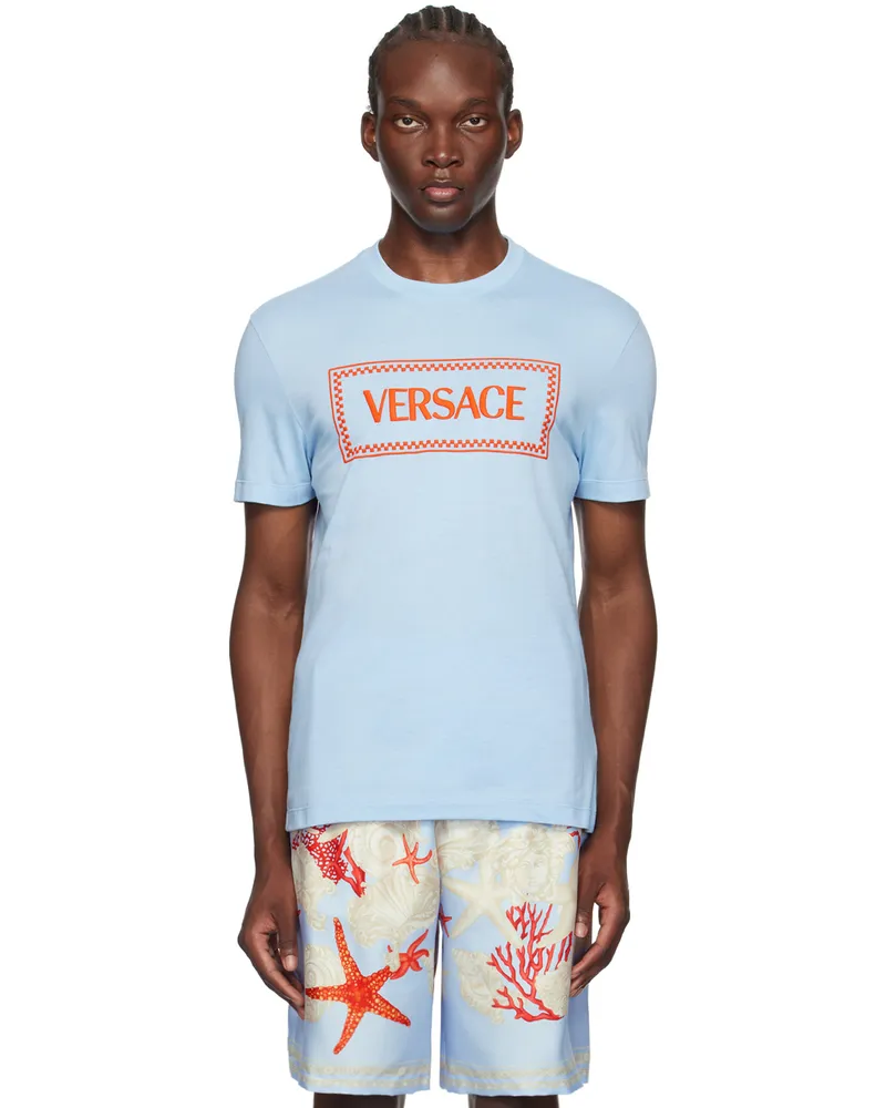 Versace Blue Embroidered Logo T-Shirt 1vd90-blue