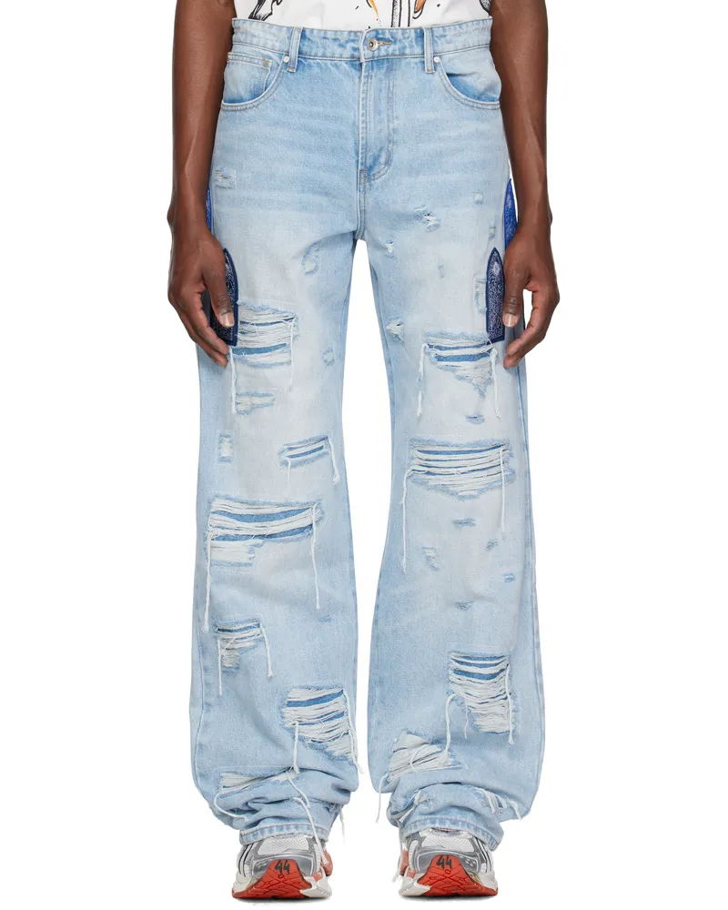 WHO DECIDES WAR Blue Side Patch Relaxation Jeans Sky