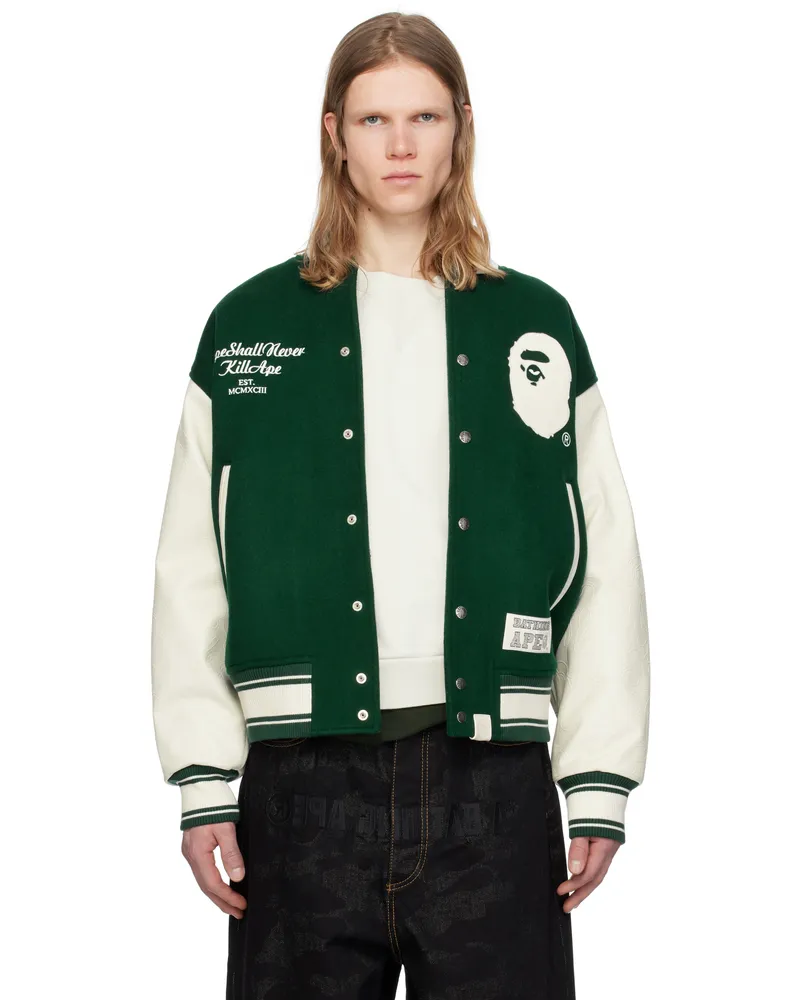 BAPE Green & White 'BAPE' Varsity Bomber Jacket Grn-green