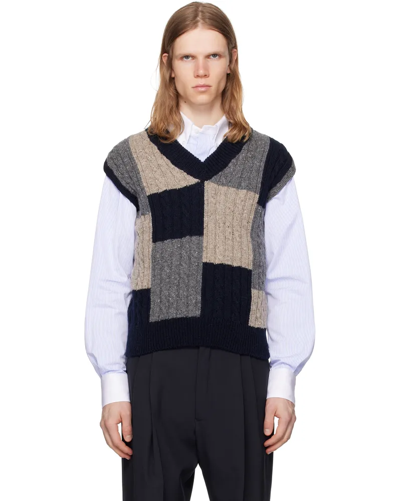Thom Browne Multicolor Patchwork Baby Cable Intarsia V Neck Vest 978navy