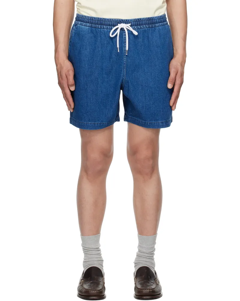 Drake's Blue Cotton Drawstring Denim Shorts 200