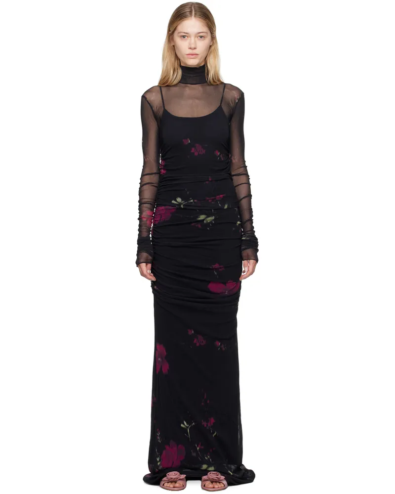 Blumarine Black Rose Print Maxi Dress F9908