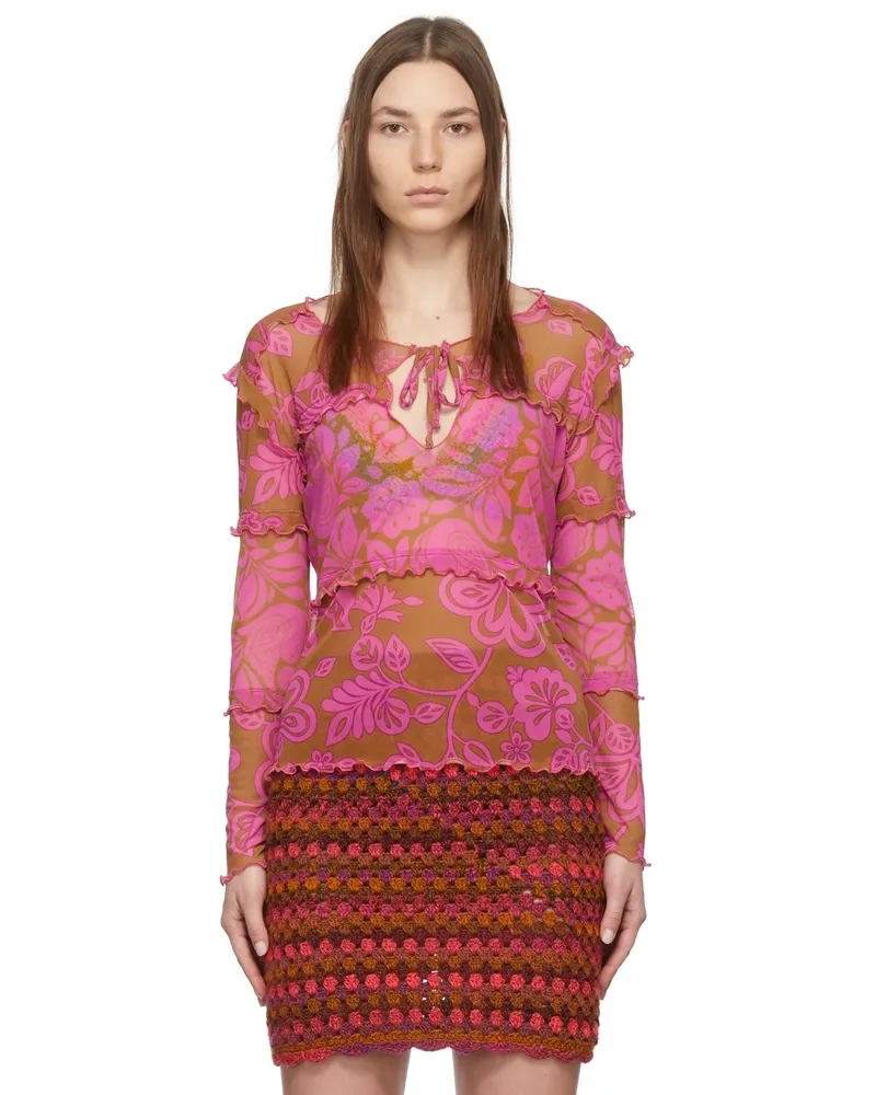 Anna Sui Pink Paradisiac Combo Mesh T-Shirt Neon