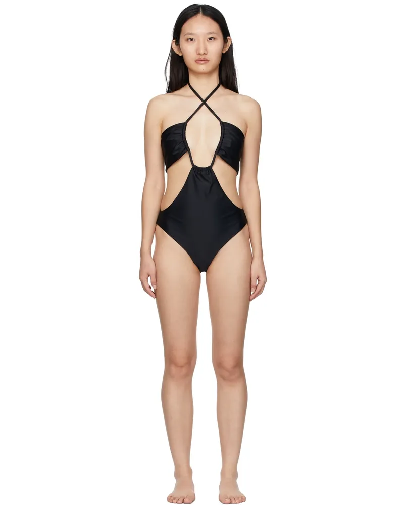 Rosetta Getty Black Drawstring Bandeau One-Piece Swimsuit Black