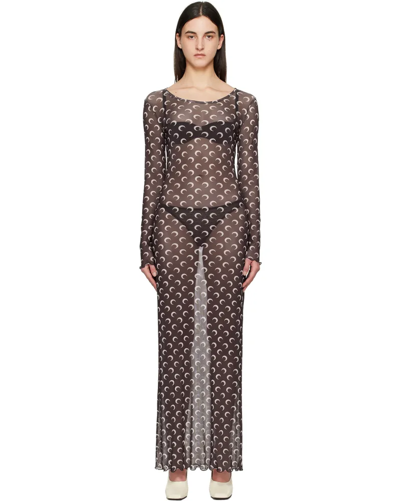 Marine Serre Brown Moon Printed Mesh Panelled Maxi Dress Br30