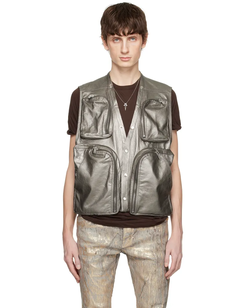 Rick Owens Silver Hollywood Cargo Leather Vest 68