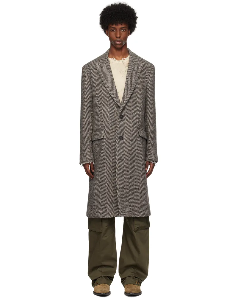 Golden Goose Gray Single-Breasted Wool Herringbone Coat Beige