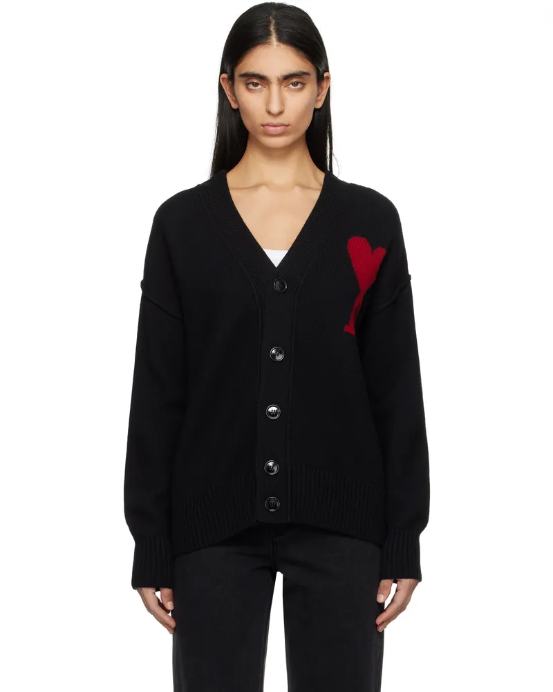AMI Paris Gray Wool Ami de Coeur Cardigan Black