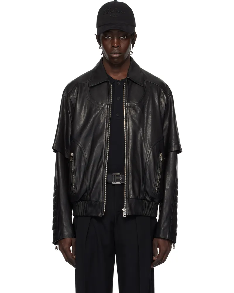 Balmain Black Layered Leather Jacket 0pa