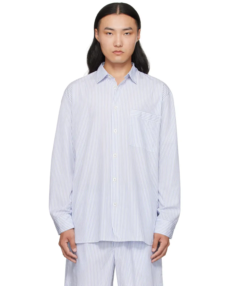 TEKLA White & Blue Poplin Long-Sleeved Pyjama Shirt Orchid