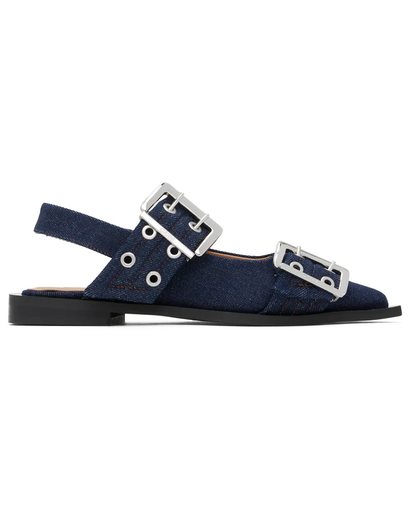 Ganni Navy Denim Feminine Buckle Ballerina Flats 642