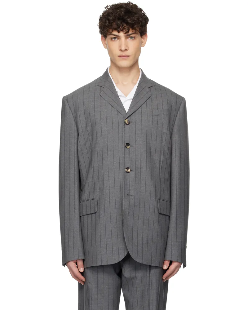 Moschino Gray Wool Pinstripe Blazer Multi