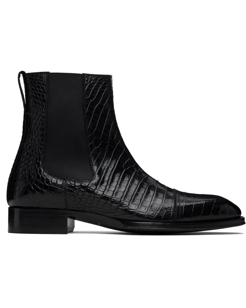 Tom Ford Black Shiny Printed Croc Elkan Chelsea Boots 1n001black