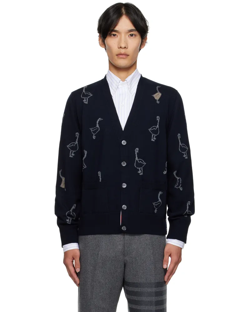 Thom Browne Navy Geese Intarsia Merino Relaxed Fit Cardigan 415navy