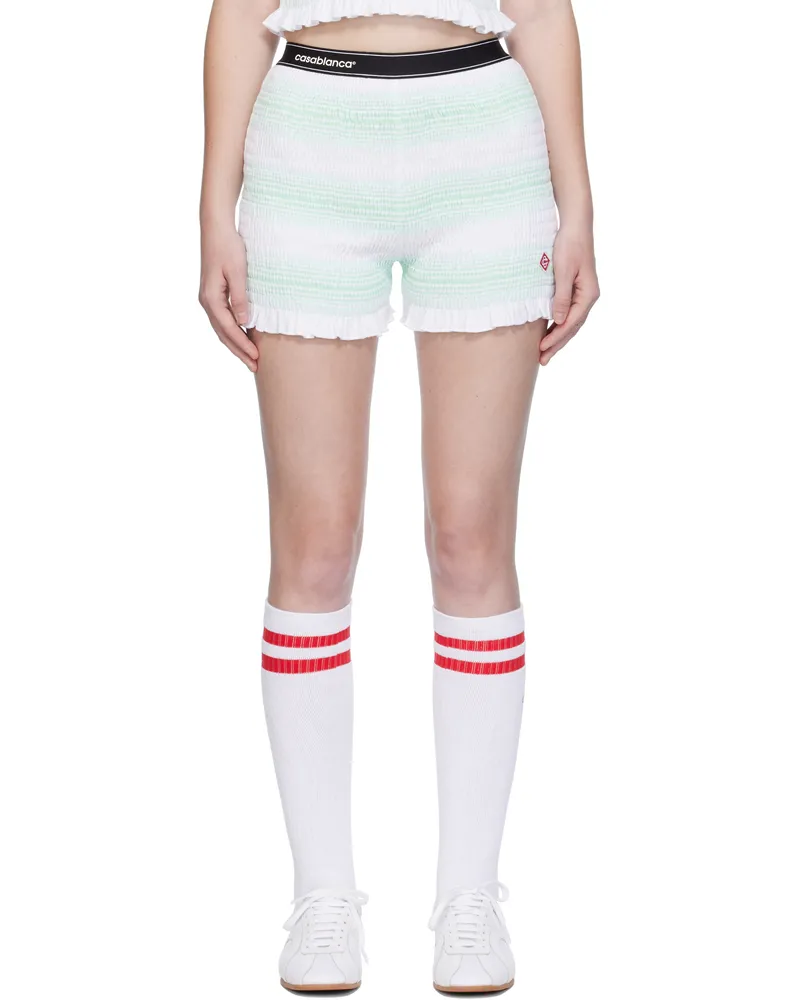 Casablanca Paris White & Green Stripe Shirred Shorts Mint