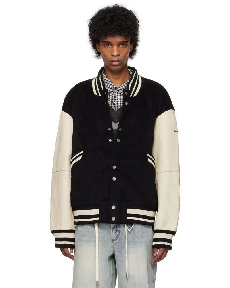 C2H4 Black Curvilinear Varsity Bomber Jacket Black