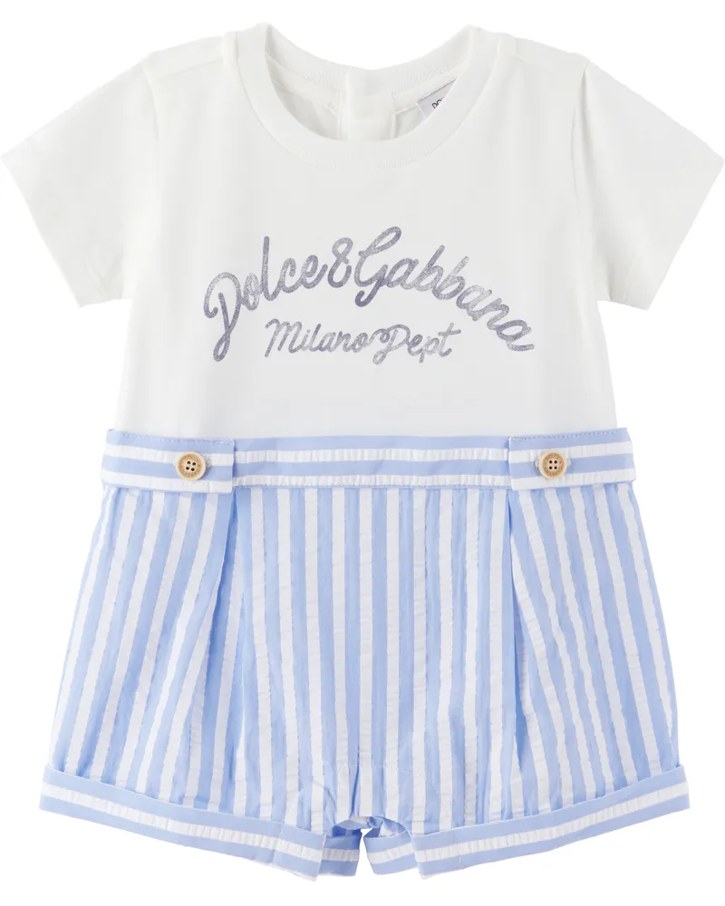 Dolce & Gabbana Baby White & Blue Striped Seersucker & Jersey Romper S9000