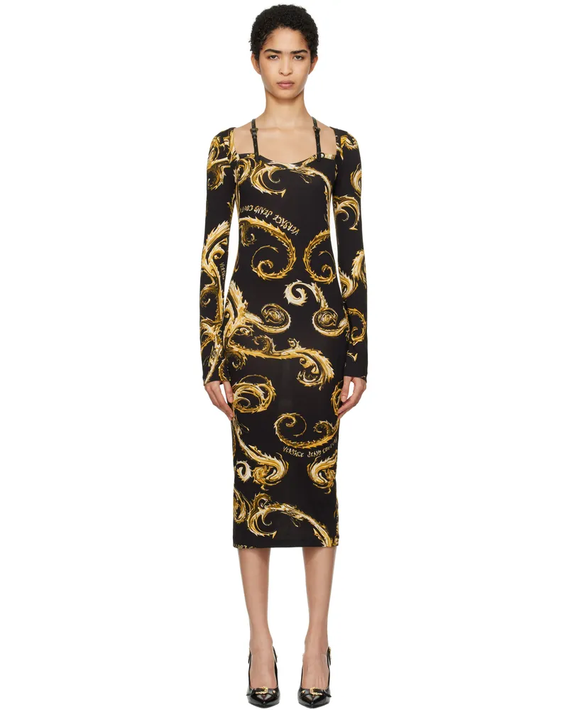 Versace Jeans Black Chromo Couture Midi Dress Eg89