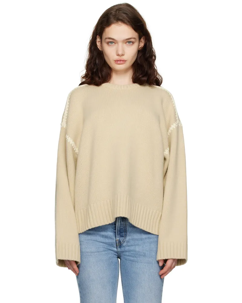 Totême Beige Embroidered Wool Cashmere Knit Sweater Harvest