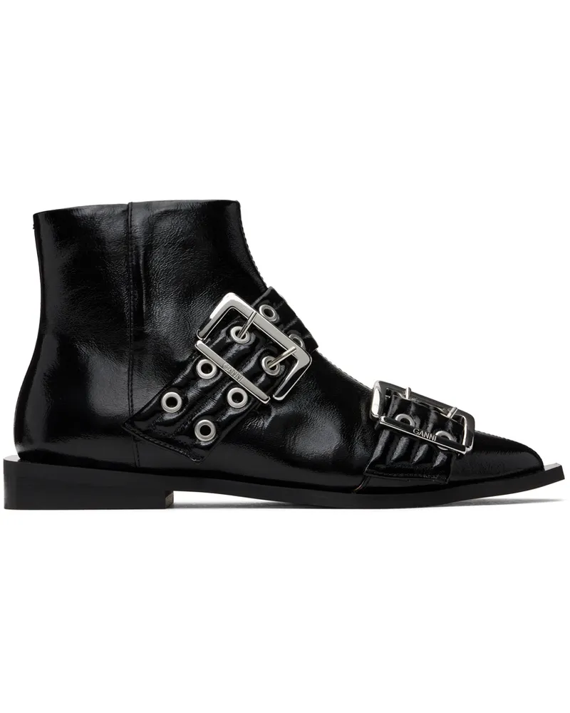 Ganni Black Feminine Buckle Flat Boots 099