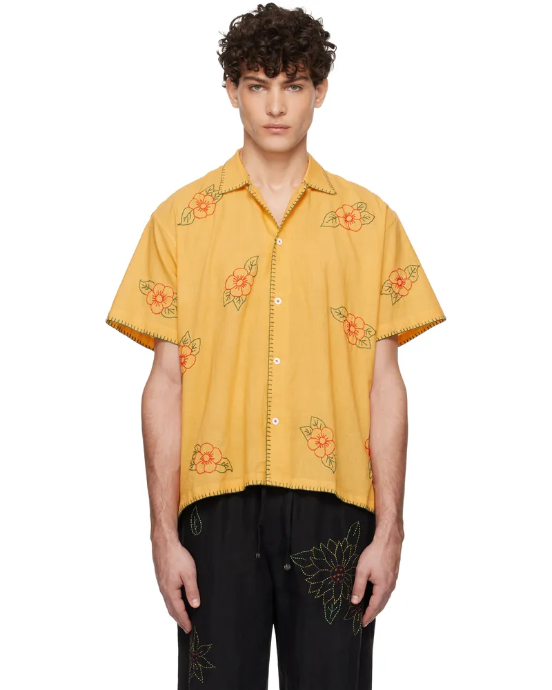 HARAGO Yellow Floral Embroidered Short Sleeve Shirt Ochre