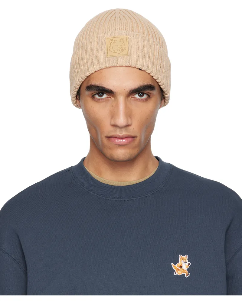 Kitsuné Beige Bold Fox Head Leather Patch Beanie 0129
