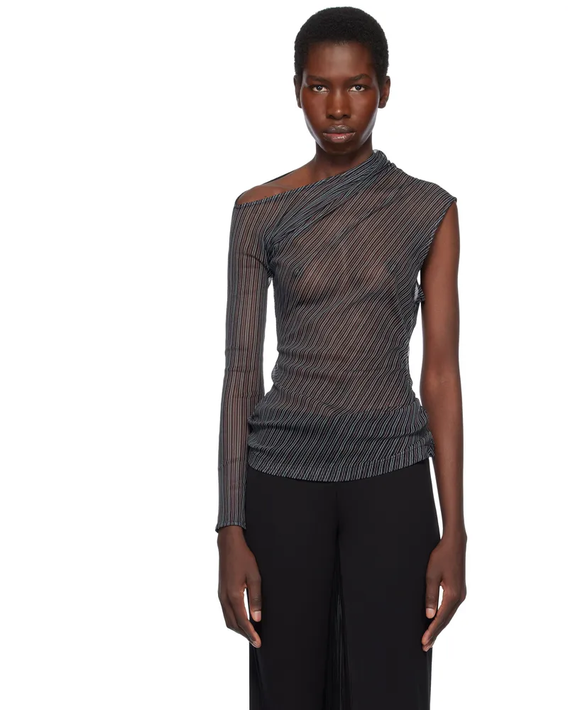 Courrèges Black Asymmetric Striped Mesh T-shirt B087