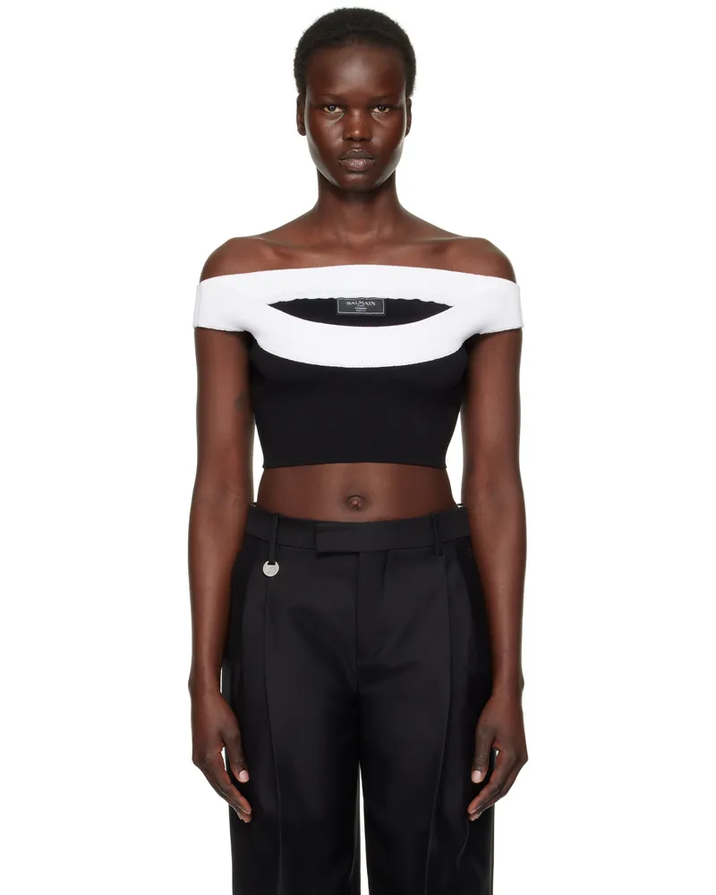Balmain Black & White Two-Tone Knit Cropped Top Eab