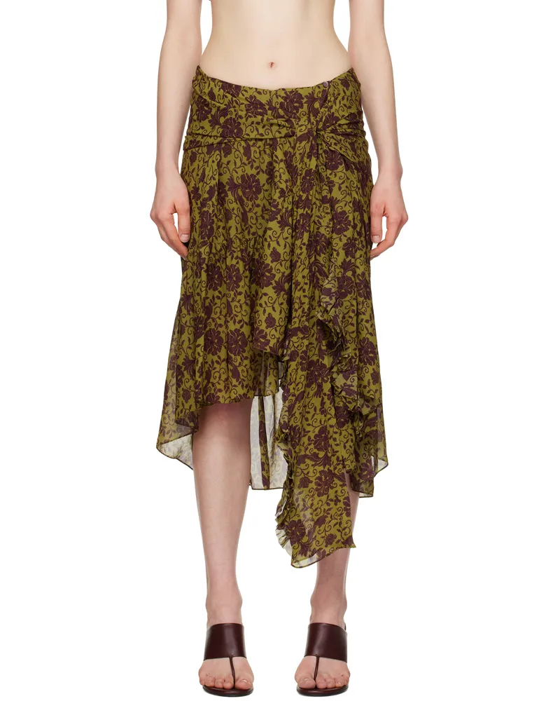 Dries van Noten Green & Burgundy Floral Midi Skirt 607