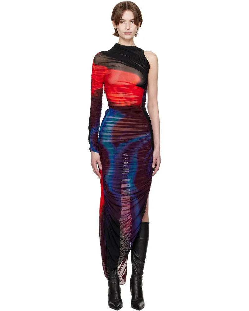 Thierry Mugler Multicolor Floral Print Pierced Ruched Midi Dress Pr603